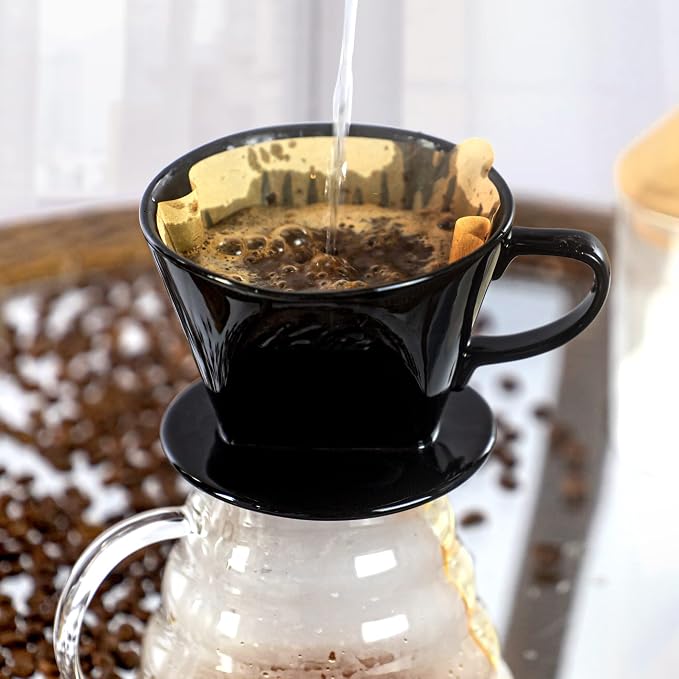 Pour Over Ceramic, Coffee Dripper Ceramic Coffee Maker,Black | 3 Holes Flat Bottom, Porcelain Slow Filter Cone for Travel, Camping, Office, Home, Coffee Maker Brew