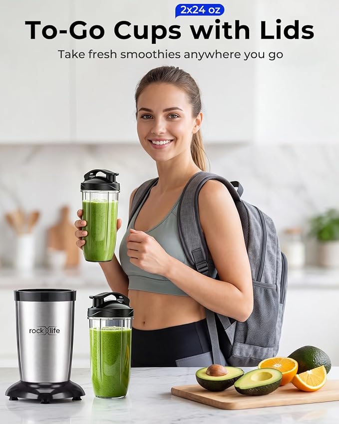 Personal Blender, Silver, 2-in-1 Smoothie Maker & Grinder | for smoothies, protein shakes, ice crushing, coffee beans, spices and nuts; BPA-free dishwasher-safe cups