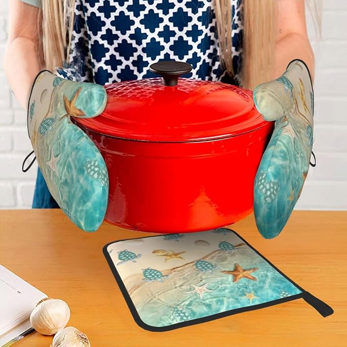 Sea Turtles Beach Oven Mitts and Pot Holders Sets of 3 Nautical Kitchen Decor Heat Resistant Hot Pads Teal Nautical Decorative Oven Gloves for Cooking Grilling Baking