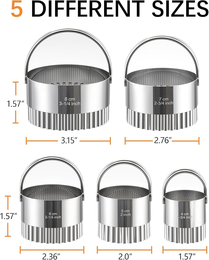 Biscuit Cutter Set with Handle, 5pcs Fluted Cookie Cutters | Pastry, Cakes, Donut Baking Tool, Stainless Steel, Dishwasher Safe, In/cm Markings, Ergonomic Arched Grip