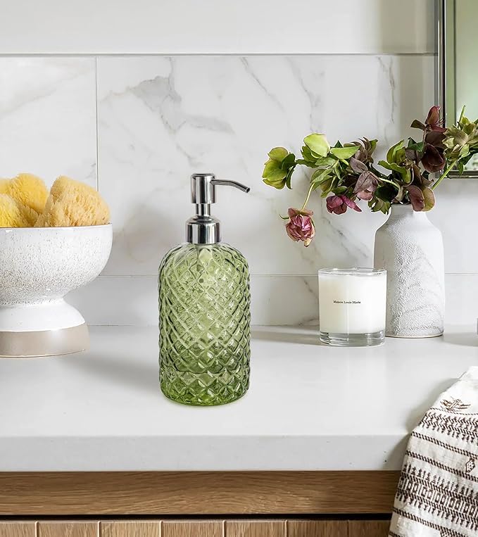 JASAI 18Oz Tea Green Soap Dispenser with Rust Proof Pump | Refillable Glass Soap Dispenser for Bathroom & Kitchen to Dispense Dish Soap, Hand soap, liquid Soap, Lotion.