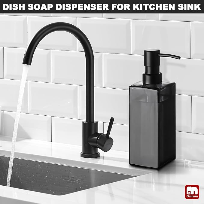 GMISUN Black Glass Soap Dispenser, Hand Soap Dispenser with Stainless Steel Pump for Bathroom, 12 fl oz/350ml Refillable Dish Dispensers for Kitchen, Modern Liquid Lotion Bottles for Countertop