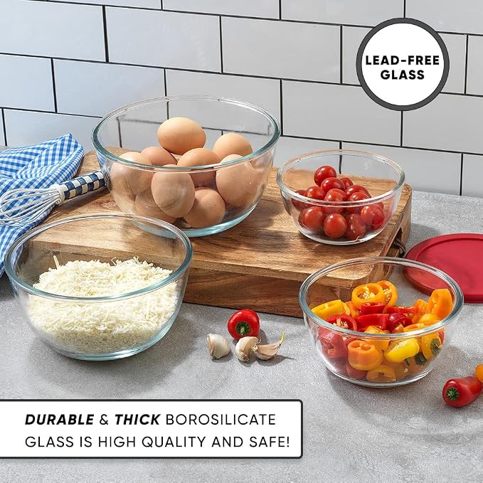 JoyJolt Kitchen Mixing Bowls - 8pc Glass with Lids Set – Neat Nesting Large Bowl Batter Cooking Storage and Big Salad BPA-Free Red
