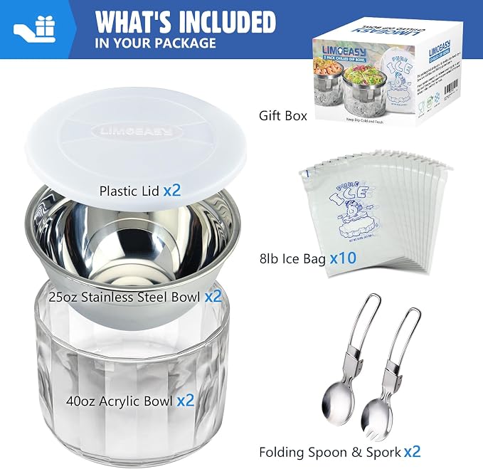 LIMOEASY Small Chilled Serving Bowl 2 Pack, 25oz Ice Chilled Dip Bowl with Lid for Parties, Cold Serving Dish for Hummus, Salsa, Guacamole, Sauces, Pasta