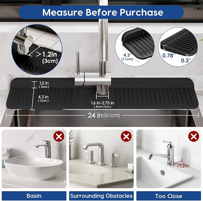 24-Inch Silicone Faucet Mat for Kitchen Sink Splash Guard, 7° Slope | 24"x5.5" water draining mat with fasten button; 1.6-2.75" customizable hole for bathroom, RV & kitchen sink drip catcher.