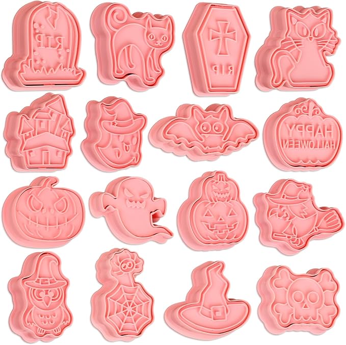 16 Pcs Halloween Cookie Cutters, 3D Cookie Cutter with Plunger Stamp | Halloween Cookie Molds -Ghost, Bat, Pumpkin, Cat, Castle,Tombstone, Witch, Spider, Skull, Etc.