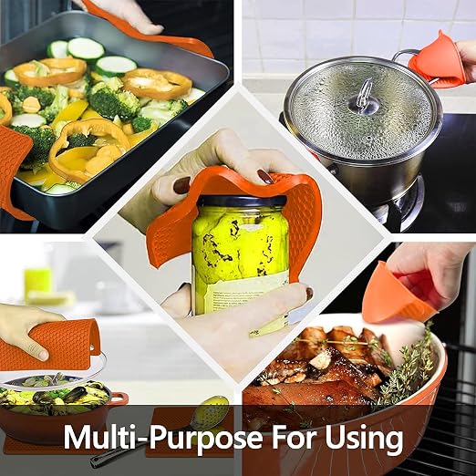 6pcs Silicone Oven Mitts and Pot Holders Sets for Kitchen, Orange | 500°F heat resistant, cotton lining, honeycomb non-slip texture, 15-inch forearm protection, baking cooking gloves