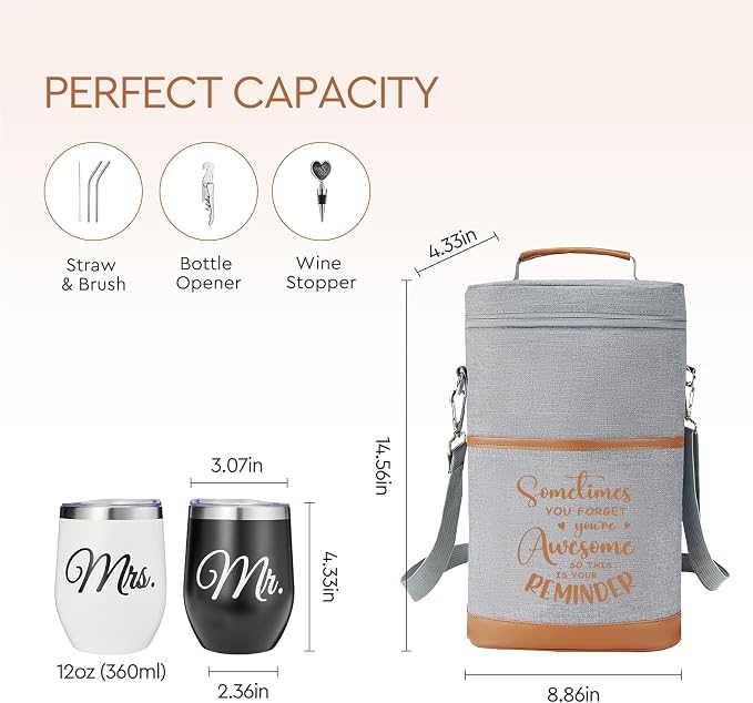 AW BRIDAL Birthday Gifts for Women Men, Drink Happy Thoughts Gift Basket for Housewarming and Beach Camping Travel, Insulated Wine Cooler Bag with Tumbler Mugs and Accessorie Set for Wine Lover Friend