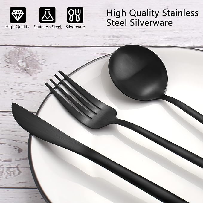 Matte Black Silverware Set, VANVRO 60-Piece Stainless Steel Flatware Set, Black Silverware Set for 12, Satin Finish tableware Cutlery Set,Home and Restaurant, Dishwasher Safe