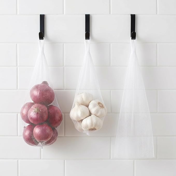 100Pcs Hanging Mesh Storage Onion Tomato Garlic Ginger Net Vegetable Fruit Seafood Bag Reusable Washable Garbage Filter Mesh Bags for Kitchen Accessories
