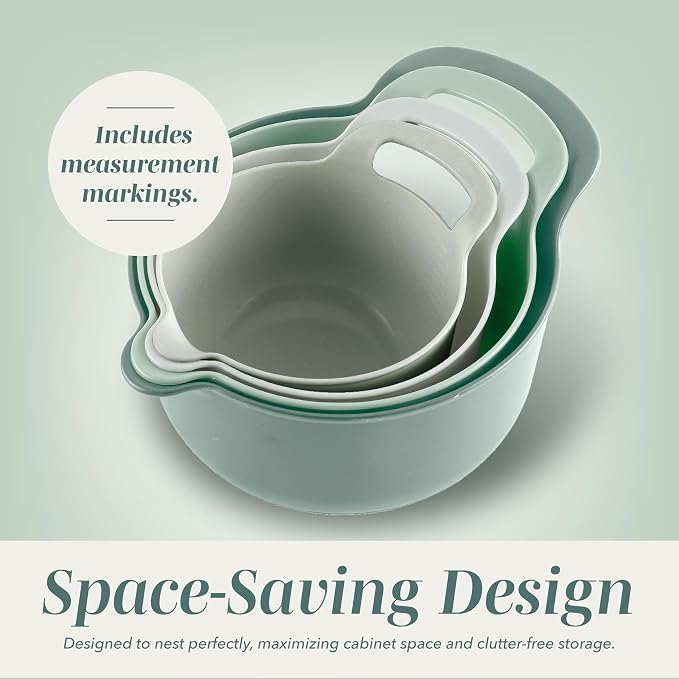 COOK WITH COLOR Nesting Plastic Mixing Bowl Set with Pour Spouts and Handles, Sage, 4 Piece Non-Slip
