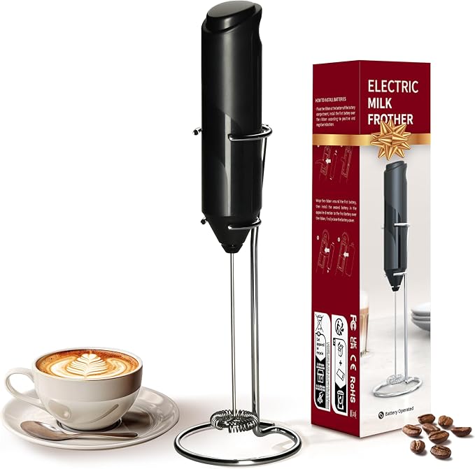 YSSOA Electric Milk Frother Handheld with Stainless Steel Stand Battery Operated Whisk Drink Mixer for Coffee, Frappe, Latte, Matcha, Hot Chocolate, Mini Hand Blender, Black