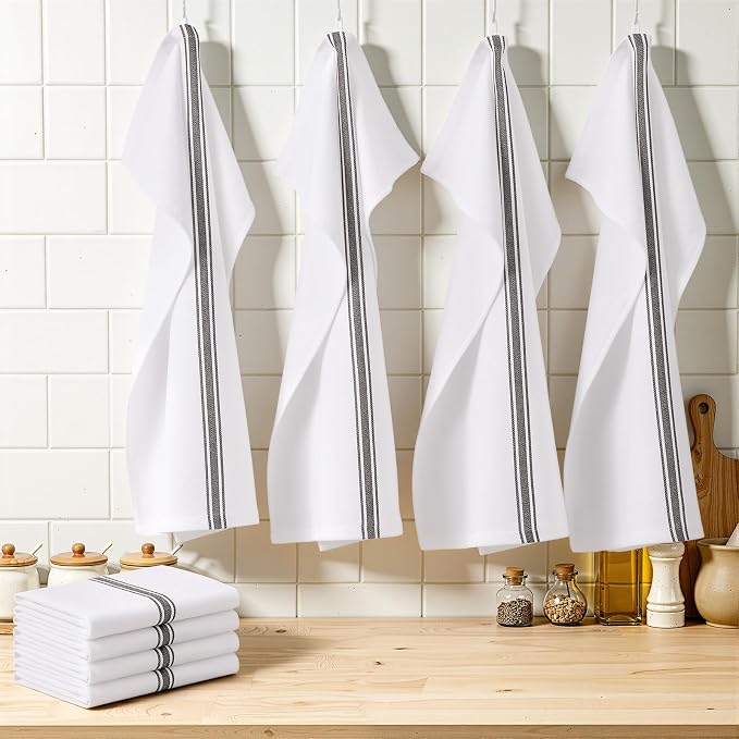 Homaxy 100% Ring Spun Cotton Kitchen Towels 24 Pack, Black Stripe | 15 x 25 Inch, Highly Absorbent Dish Towels for Kitchen Drying, Reusable Cleaning Cloths, Soft Tea Towels with Hanging Loop
