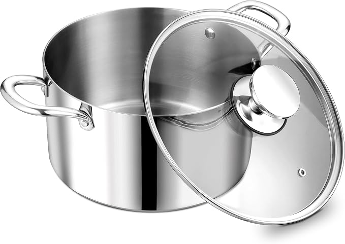 P&P CHEF 5 Quart Tri-Ply Stainless Steel Stock Pot, Cooking Pot with Lid | 5 Qt Stockpot for Soup Pasta Vegetable, Induction Cookware for All Stoves, Sturdy & Double Handle, Oven & Dishwasher Safe