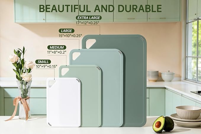 Plastic Cutting Board Set, Extra Large Cutting Board for Kitchen | Upgarded Set of 4, Non-Slip with Grip Handle, Large -Small Chopping Board for Cooking, Bpa Free, Dishwasher Safe, Sage Green