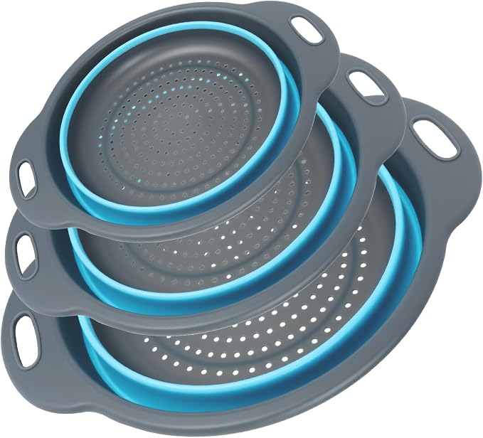 Collapsible Colander 3-Pack Set Space-Saving Foldable Kitchen Strainer with Non-Slip Base Durable Thickened PP+TPE Collapsible Strainers for Pasta, Vegetables, Fruits (Gray-Blue)