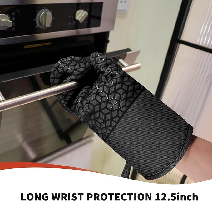 Oven Mitts and Pot Holders, 500°F Heat Resistant, Black | Oven Mitts Sets, Silicone Oven Gloves Featuring Non‑Slip Textured Grip, Perfect For Cooking, Baking and Grilling