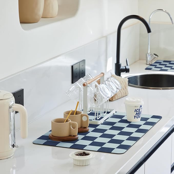 Ohocut Navy Blue Checkered Dish Drying Mat for Kitchen Counter, Coffee Bar Station Accessories, Retro Cute Aesthetic Modern Absorbent Drainer Mat Kitchen Drying Mat Easy Clean (Ocean, 24" x 16")