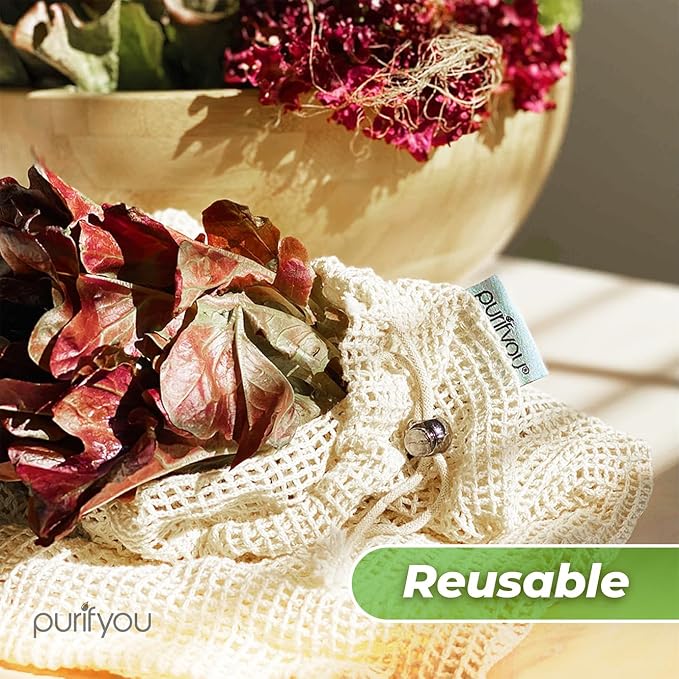 purifyou Set of 9 Reusable Organic Cotton Produce Bags – Heavy Duty Double-Stitched Mesh, Unbleached, Drawstring Closure – 2 XL (12x20), 5 L (12x14), 2 S (12x8)