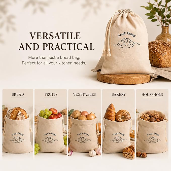 3-Pack Linen Bread Bags for Homemade Bread – Reusable Bread Storage Bags with Inner Lining – 12"x15" Sourdough Bread Bags – Eco-Friendly Baking Supplies & Gifts for Home Bakers by Simply H&K