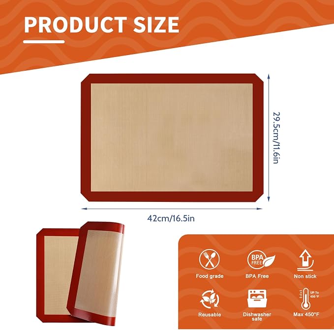 2-Pack Silicone Baking Mat, 16.5"x11.6" Reusable Silicone Baking Sheets for Oven, BPA Free Nonstick Bakeware Mats for Cookies, Macarons, Bread and Pastry