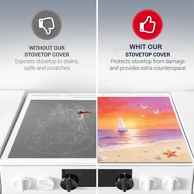 HOMETITUTE Summer Stove Top Covers for Electric Stove 28x20 Inches Sunset Sailboat Beach Heat Resistant Glass Cooktop Protector Pad Decorative Stovetop Cover for Kitchen Coffee Bar Decor