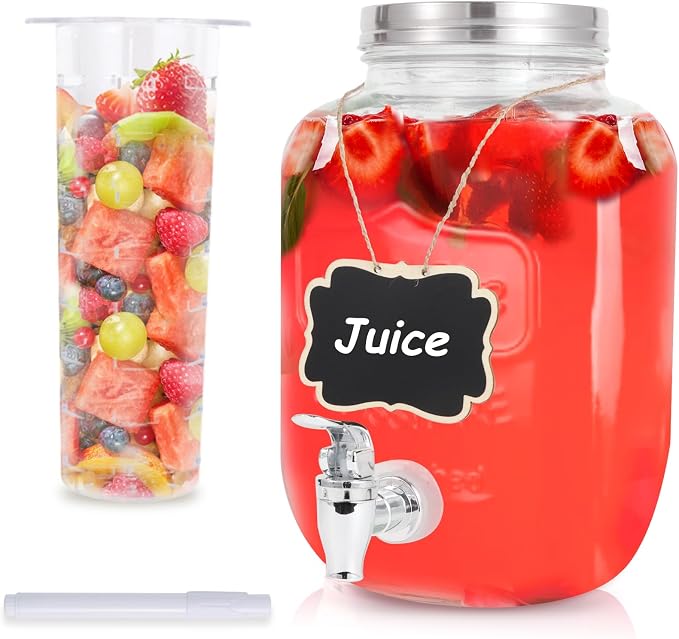 Drink Dispenser With Spigot,1 Gallon Glass Drink Dispensers For Parties,Beverage Dispenser with Fruit Infuser Sun Tea,Lemonade & Juice Dispenser for Parties, BBQ,Picnic,Weddings & Events