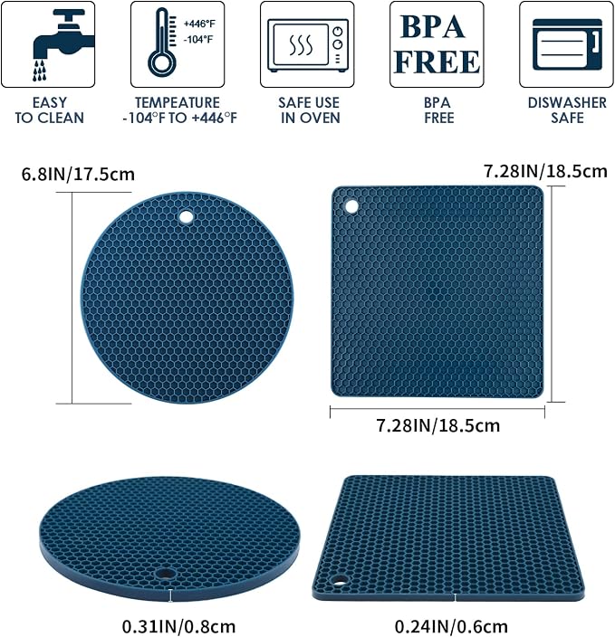 Silicone Trivets for Hot Dishes, 4 PCS Multipurpose Heat Resistant Mat Thick Silicone Hot Pads Pot Holders for Kitchen Counter, Flexible Jar Opener Food Grade Spoon Holder, Indigo Coasters
