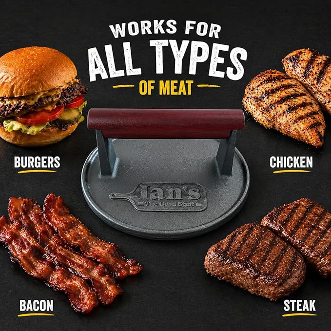 Ian's Burger Smasher 6.5", Cast Iron Smash Burger Press, Hamburger Press