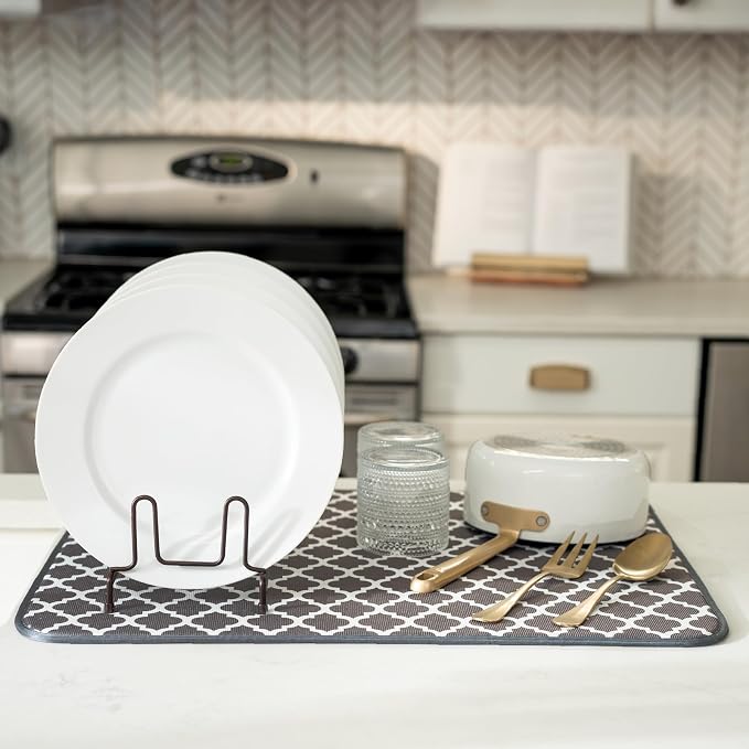 S&T INC. Dish Drying Mat, 18" x 24", XL, Grey Trellis | Absorbent Microfiber, Extra Large Kitchen Counter Mat for Dishes, Utensils, Pots and Pans, Machine Washable