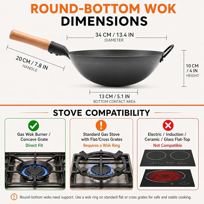 WANGYUANJI 13.4 Inch Round Bottom Carbon Steel Wok, Nitrided Iron Chinese Stir Fry Pan for Gas Wok Burner, Wok Ring Needed for Flat Gas Grates, Wooden Handle