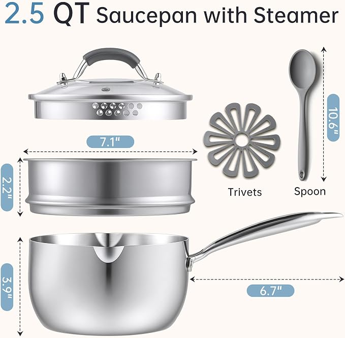 Tri-Ply Stainless Steel Sauce Pan, 2.5 Qt Saucepan with Steamer | Non-Toxic, Dual Pour Spouts, Measurement Mark, Anti-Scald Handle, Compatible All Cooktops, Oven Safe 500°F, Dishwasher Safe