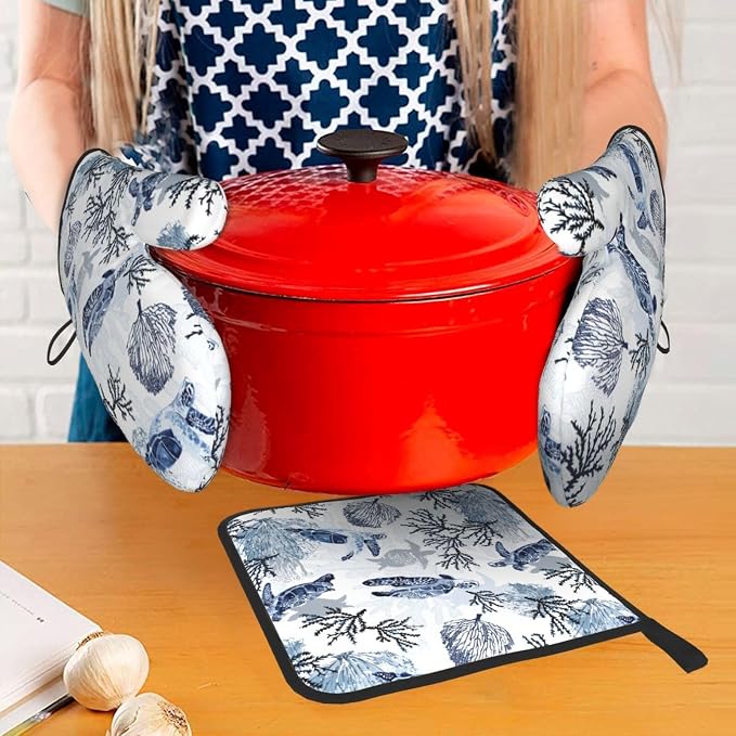 Navy Blue Ocean Sea Turtle Oven Mitts and Pot Holders Sets of 3, Heat Resistant Non-Slip Gift for Cooking Enthusiasts, Coastal Beach Nautical Coral Kitchen Gloves for Baking BBQ Cooking Grilling Decor