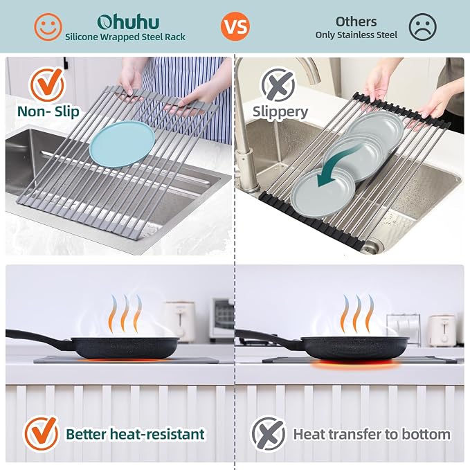 Ohuhu Roll Up Dish Drying Rack, Over The Sink Multipurpose Roll-Up Dish Racks, 16.5" W x 13" L Rolling Heat-Resistant Anti-Slip Silicone Coated Dish Drainer Portable Foldable for Kitchen Counter