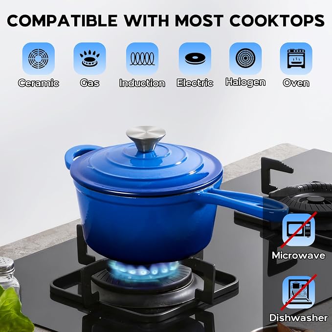Onader 1 Quart Saucepan, Enameled Cast Iron Sauce Pan Pot, Small Kitchen Pot for Cooking with Lid, Enamel Dutch Oven Nonstick – Deep Blue