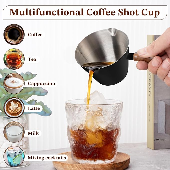 Amrules 6.8oz Espresso Measuring Cup with Wood Handle & Double Spout, Black | 18/8 Stainless Steel & Wood Handle, V-Shaped Spout for Precision Pouring, Clear Scale Markings, for Coffee, Milk, Tea & Syrup