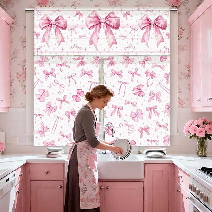 13 Pcs Pink Bow Kitchen Decor Set 3 Coquette Kitchen Curtains Valance 2 Aesthetic Rugs and Mats 4 Girly Hand Towels 2 Pink Pot Holders 2 Oven Mitts for Home Decor Cooking Grilling Housewarming Gift