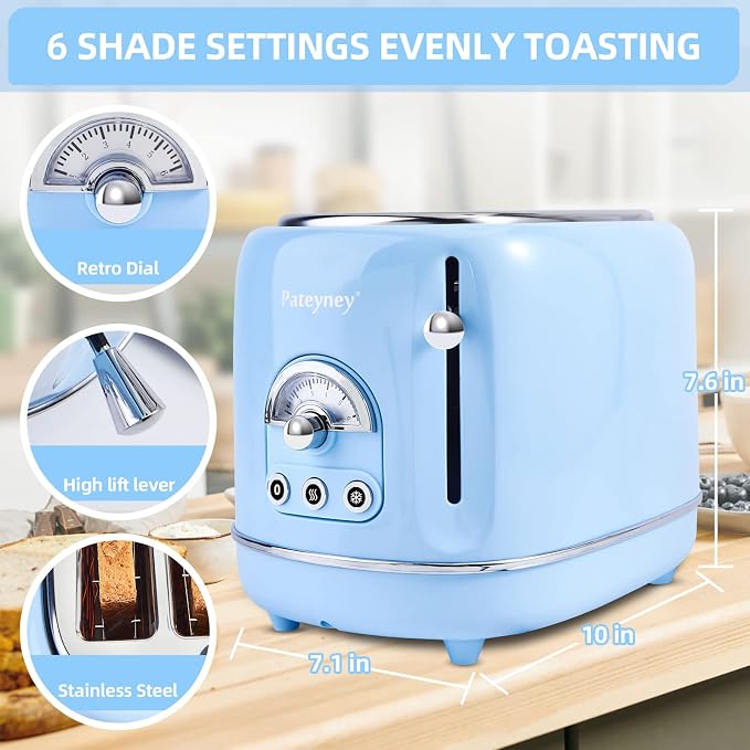 Retro Stainless Steel Toaster - 2 Slice, Extra-Wide Slot, 6 Adjustable Settings, Removable Crumb Tray, Defrost, Cancel, Reheat (Light Blue)