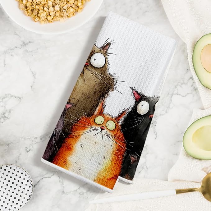 4 Pcs Cute Cat Kitchen Towels, Funny Cats Gifts Absorbent Hand Towels-01 | Cat Dish Cloths for Drying Dishes, Cats Waffle Dish Towels for Kitchen Home Bathroom Decor, Cat Lover Gifts for Women Mom