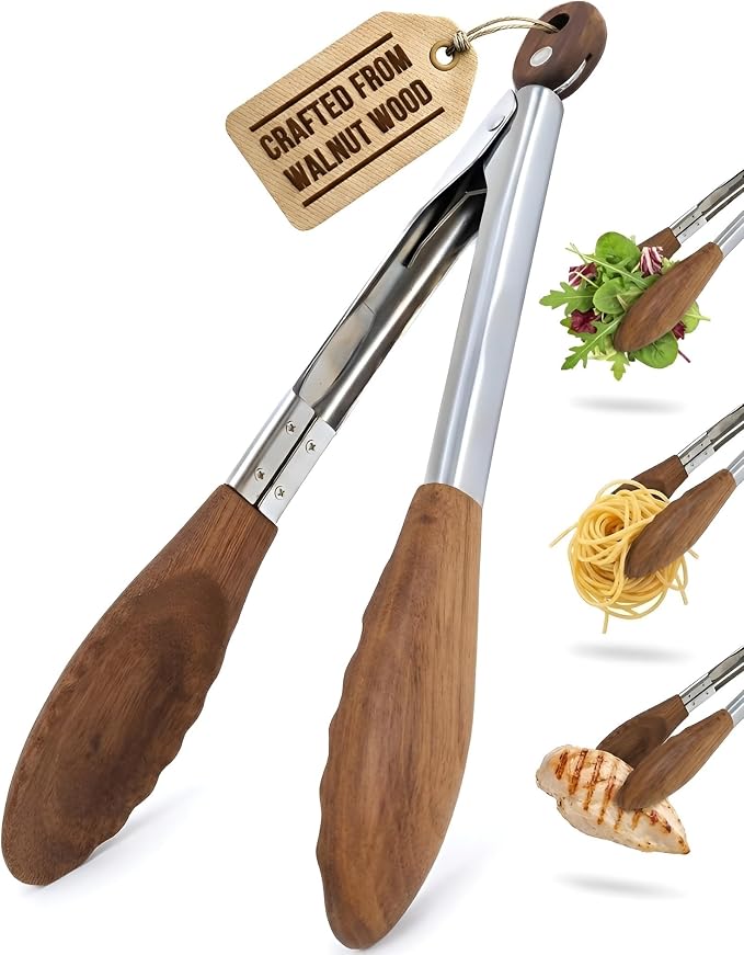 Wooden Tongs for Cooking - Nonstick Kitchen Salad Tongs for Serving Food, Grilling, Cooking, BBQ and Tossing Salad - Made of Natural Walnut Wood, Size 12-inch
