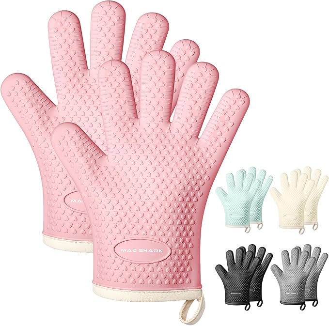 MAD SHARK Silicone Oven Mitts with Fingers Heat Resistant 450°F in Kitchen | Waterproof & Non-Slip Oven Gloves,Cotton Lined Silicone Kitchen Mitts for Baking Cooking Barbecue,Women (Pink)