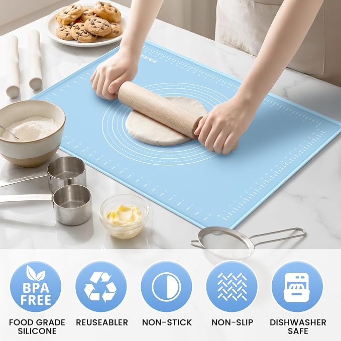 24x16 Silicone Rolling Mat Non-Stick Food Grade Baking Mat w/Measurements | Non-slip edges, heatproof silicone, nonstick, measuring guides, oven/dishwasher safe, tearproof, easy clean.