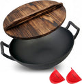 NutriChef 14" Cast Iron Wok with Wooden Lid - Pre-Seasoned Kadai for Stir-Fry with Loop Handles, Compatible with Multiple Cooktops Including Induction, Large 5.8 Qt Capacity