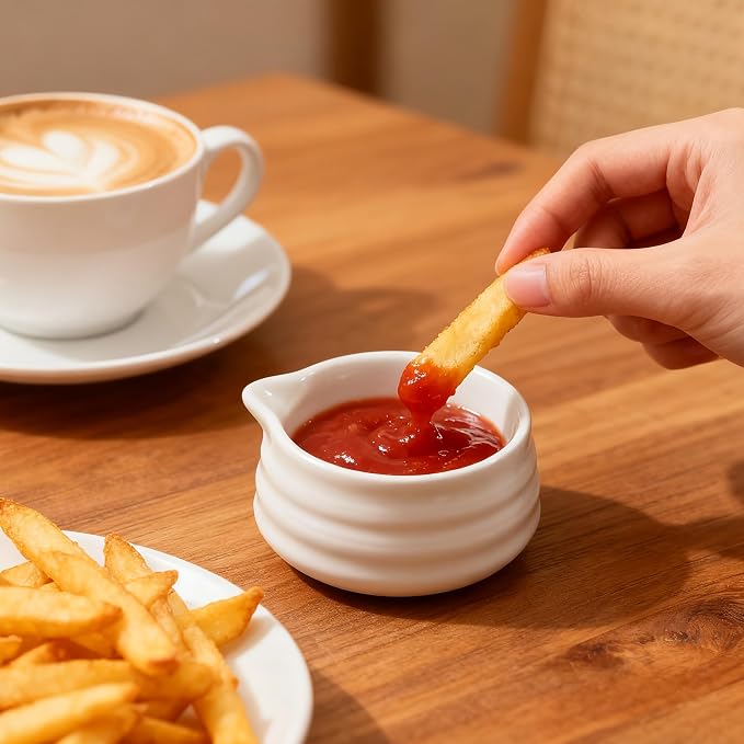 Ceramic Small Sauce Bowls with Spout, White, 3OZ, Set of 6 | Mini Prep Bowls, Small Condiment Dish/Pinch Set for Sushi/Ketchup/BBQ, Dishwasher & Oven Safe, Easy to Clean