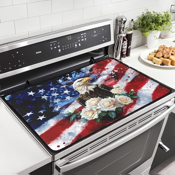 4th of July Gas Burners Top Covers, American Flag Eagle, Soft Extra Large Stove Top Cover for Electric Non-Slip Rubber Base Surface Heart Resistant Oven Cover Mat 30x21 Inch