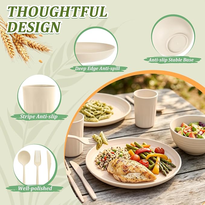 PYRMONT 28 Piece Wheat Straw Dishware Sets Unbreakable Plates and Bowls Sets for 4 Plastic Dishes Set Alternative Microwave & Dishwasher Safe Bowls for Kitchen,Picnic Set-Beige