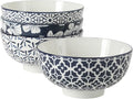 Gibson Home Castle Way 4-Piece Large Serving Bowl Set, 8 Inch Round Stoneware Bowls, Blue & White Assorted Pattern, Decorative Everyday Use