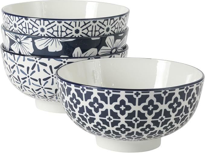 Gibson Home Castle Way 4-Piece Large Serving Bowl Set, 8 Inch Round Stoneware Bowls, Blue & White Assorted Pattern, Decorative Everyday Use