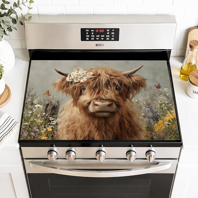 Highland Cow Glass Stove Top Cover 28x20 Inch Decorative Stove Cover | Heat Resistant Cooktop Protector Mat with Non-Slip Backing, Scratch Protection and Countertop Drying Mat.