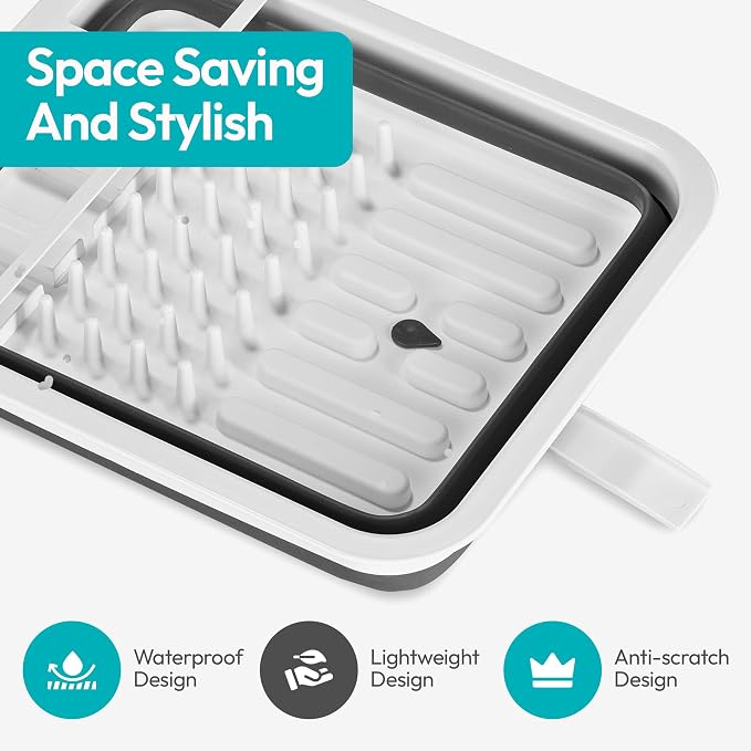 Collapsible Dish Drying Rack, Pop-Up with Drainboard, 8 Plate Capacity | Dish Strainer and Drainer, Over Sink Plate Rack, Utensil Holder, Plastic Rust-Free, Portable for RV Camping Kitchen Counter